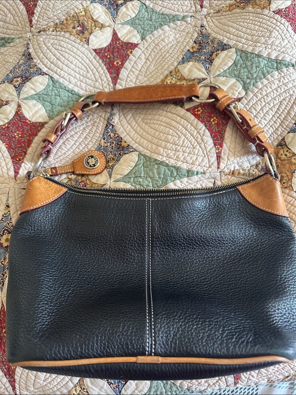 Dooney & Bourke Black Leather Shoulder Bag with Tan Trim